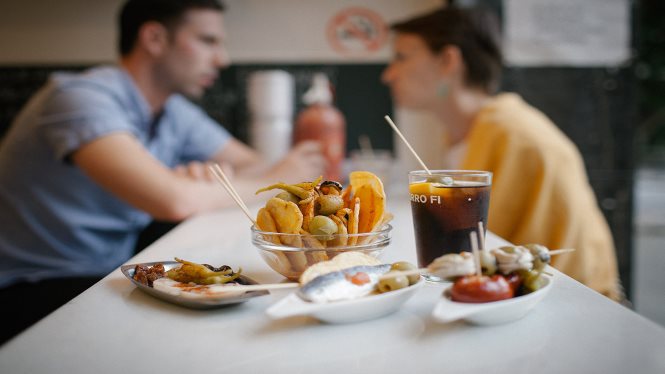 A typical appetizer, this time from Morro Fi: no vermut would be complete without a selection of banderilla skewers.